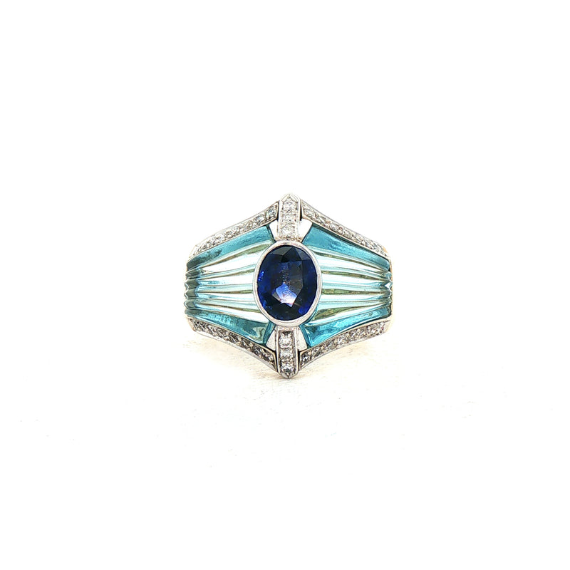 18ct Yellow Gold Vintage Deep Blue Sapphire and Aquamarine Dress Ring with Natural Diamonds