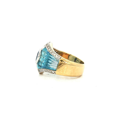 18ct Yellow Gold Vintage Deep Blue Sapphire and Aquamarine Dress Ring with Natural Diamonds
