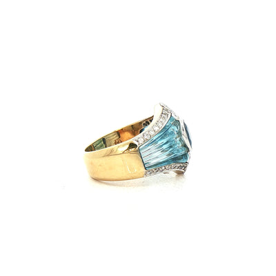 18ct Yellow Gold Vintage Deep Blue Sapphire and Aquamarine Dress Ring with Natural Diamonds