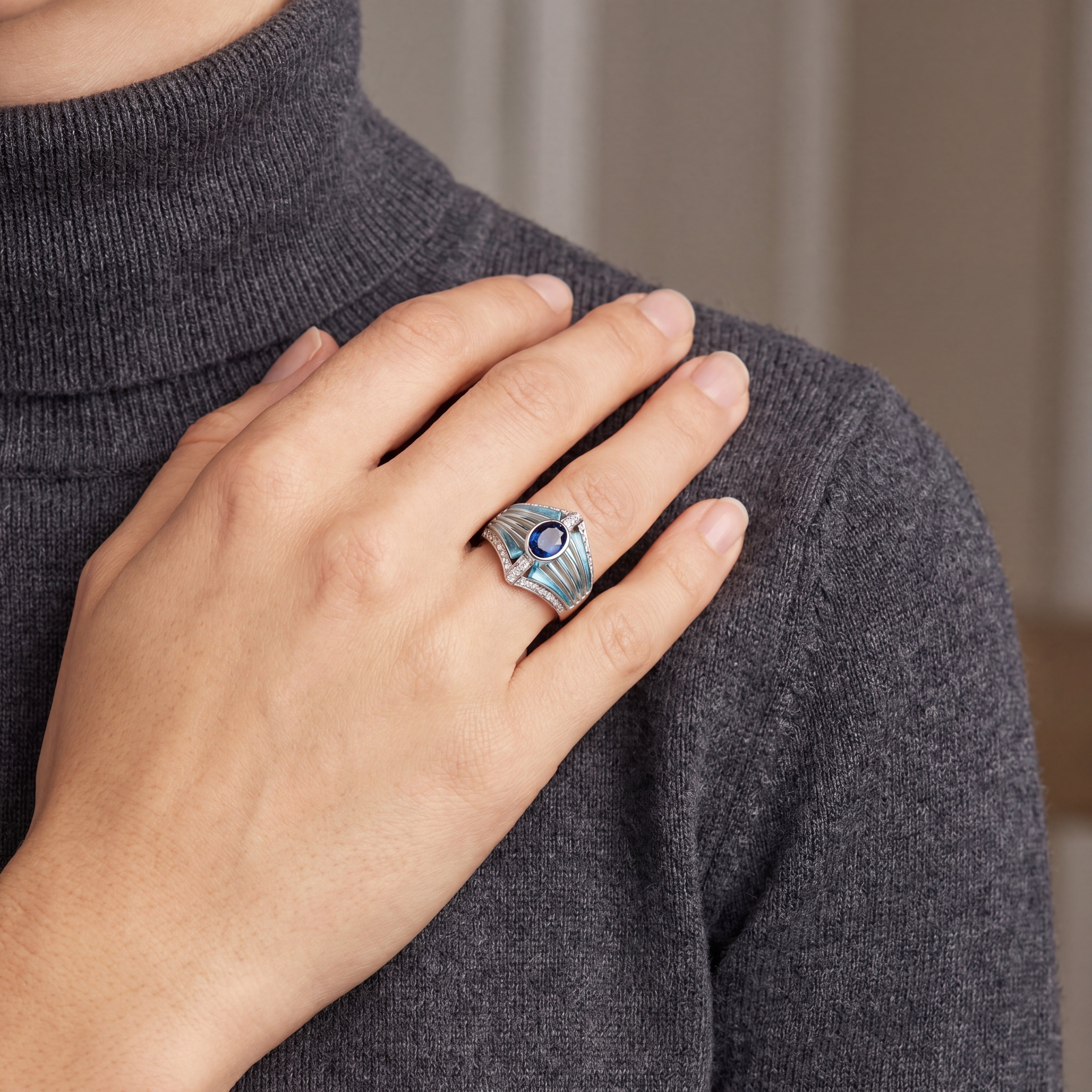 18ct Yellow Gold Vintage Deep Blue Sapphire and Aquamarine Dress Ring with Natural Diamonds