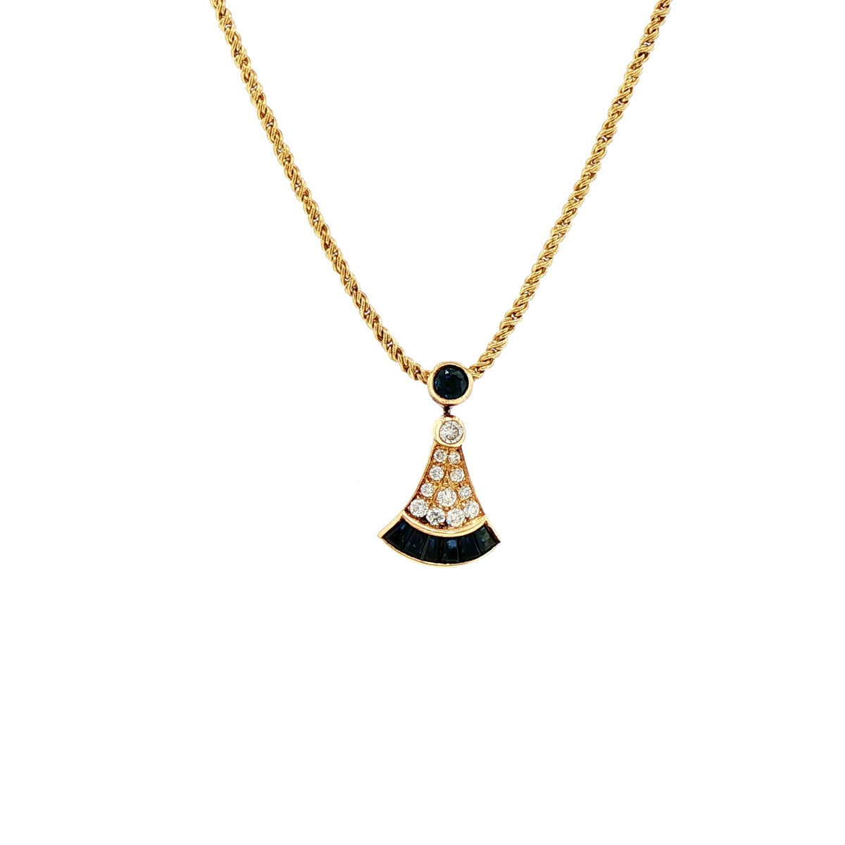 Vintage Sapphire and Natural Diamond Fan Shape Pendant and Chain in 18ct Yellow Gold