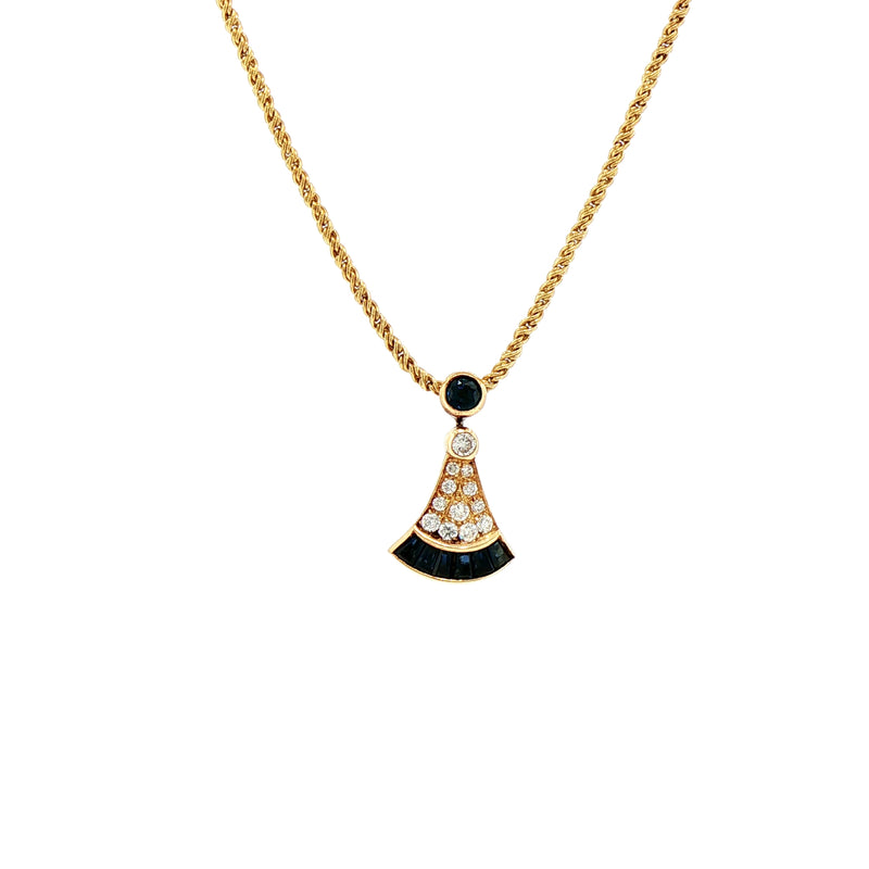 Vintage Sapphire and Natural Diamond Fan Shape Pendant and Chain in 18ct Yellow Gold