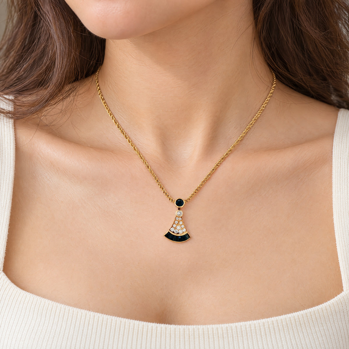 Vintage Sapphire and Natural Diamond Fan Shape Pendant and Chain in 18ct Yellow Gold