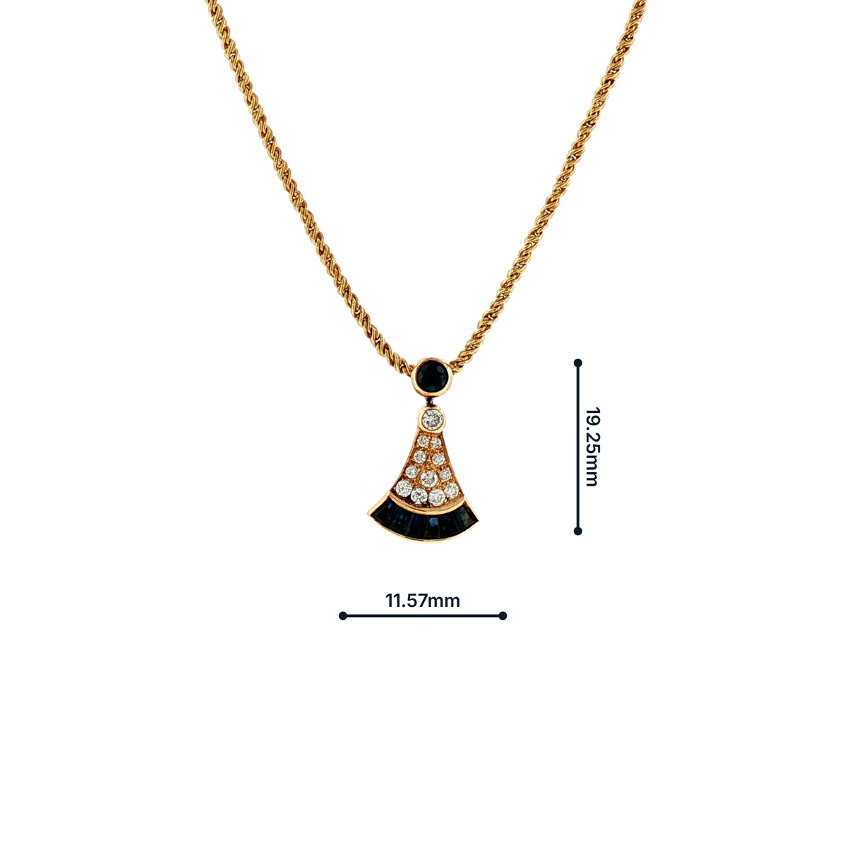 Vintage Sapphire and Natural Diamond Fan Shape Pendant and Chain in 18ct Yellow Gold