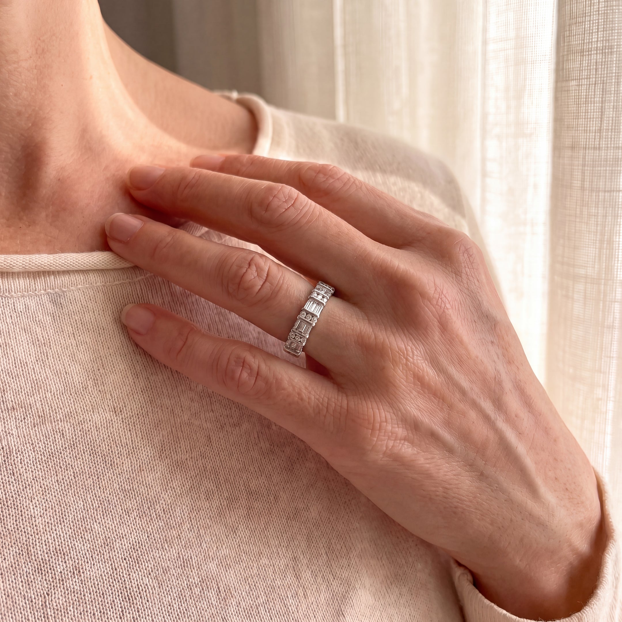 18ct White Gold Baguette and Round Natural Diamond Band Ring
