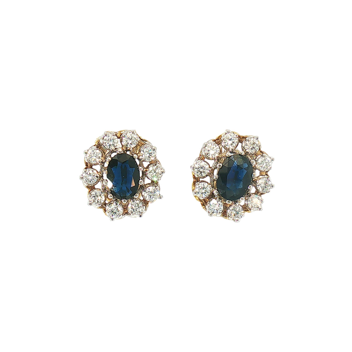 Vintage Oval Sapphire and Natural Diamond Cluster Two Tone Earrings in 18ct Gold