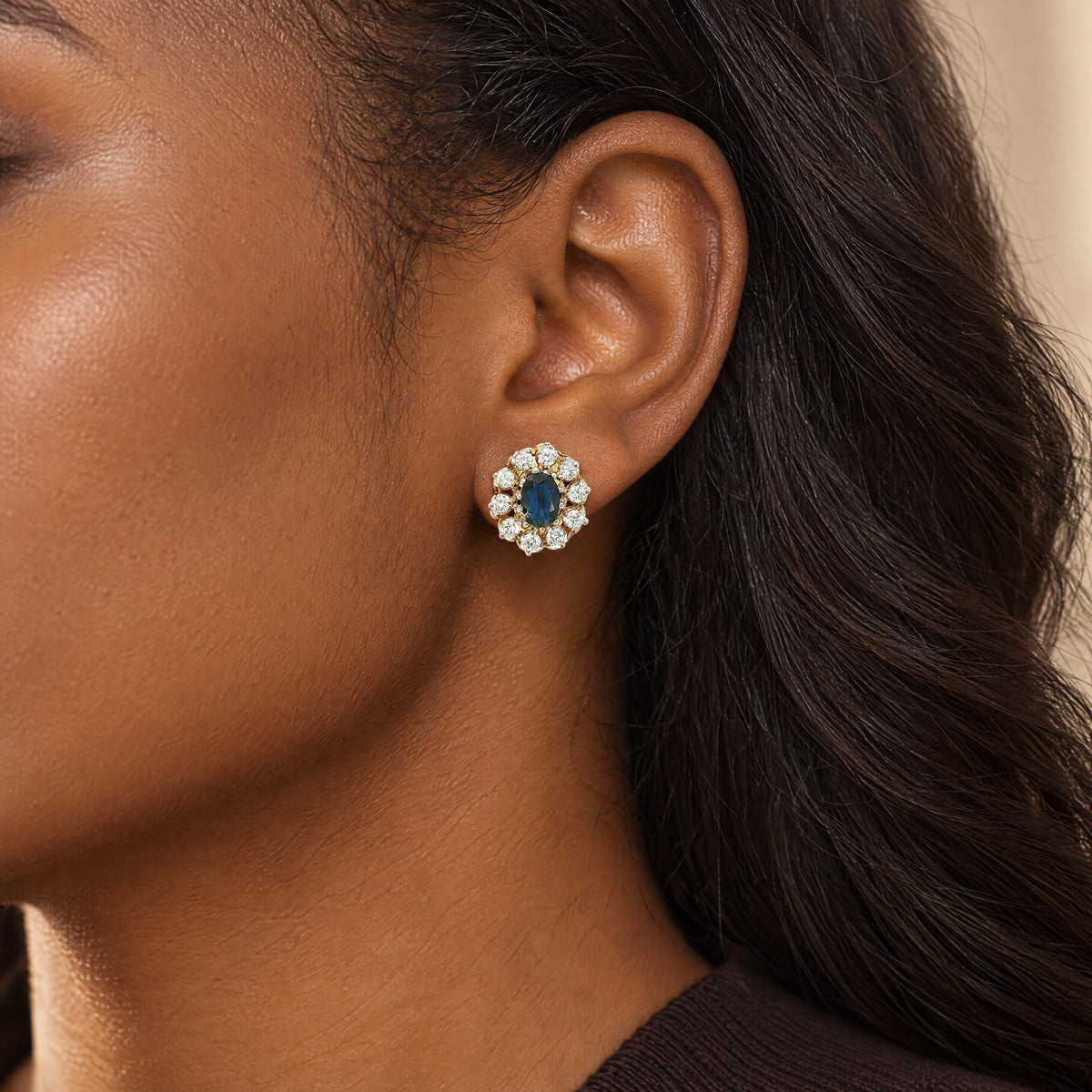 Vintage Oval Sapphire and Natural Diamond Cluster Two Tone Earrings in 18ct Gold