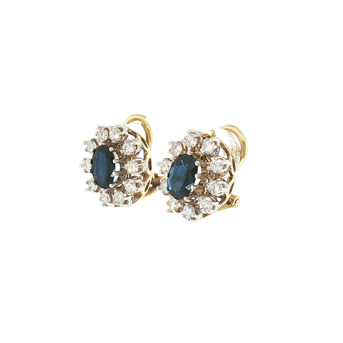 Vintage Oval Sapphire and Natural Diamond Cluster Two Tone Earrings in 18ct Gold