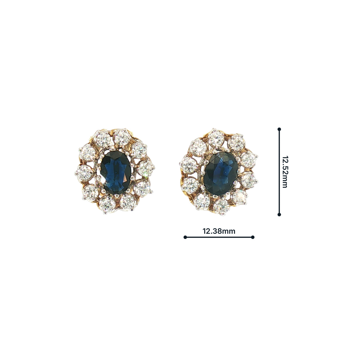 Vintage Oval Sapphire and Natural Diamond Cluster Two Tone Earrings in 18ct Gold