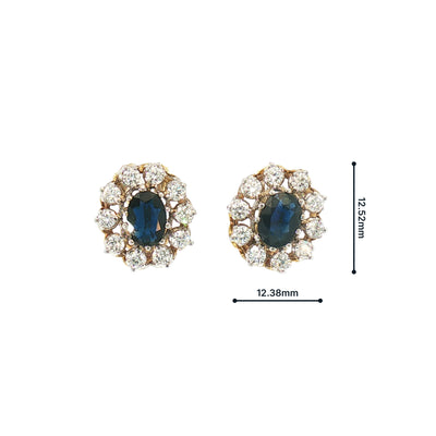 Vintage Oval Sapphire and Natural Diamond Cluster Two Tone Earrings in 18ct Gold
