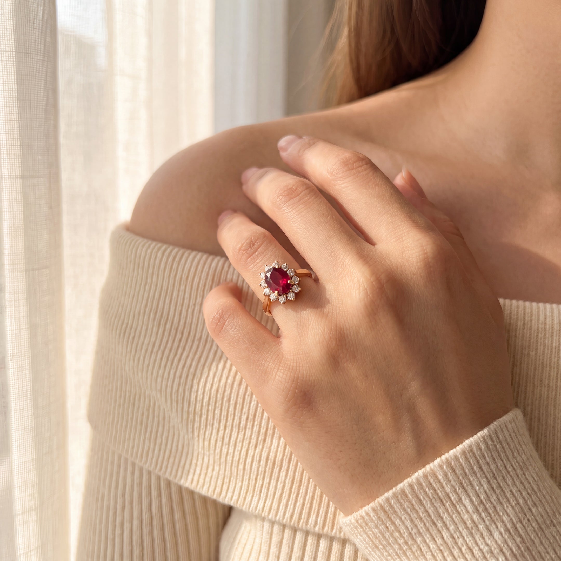 1.82ct Oval Ruby & 0.48ct Natural Diamond Cluster Ring in 18ct Yellow Gold