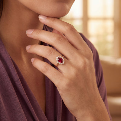 1.82ct Oval Ruby & 0.48ct Natural Diamond Cluster Ring in 18ct Yellow Gold