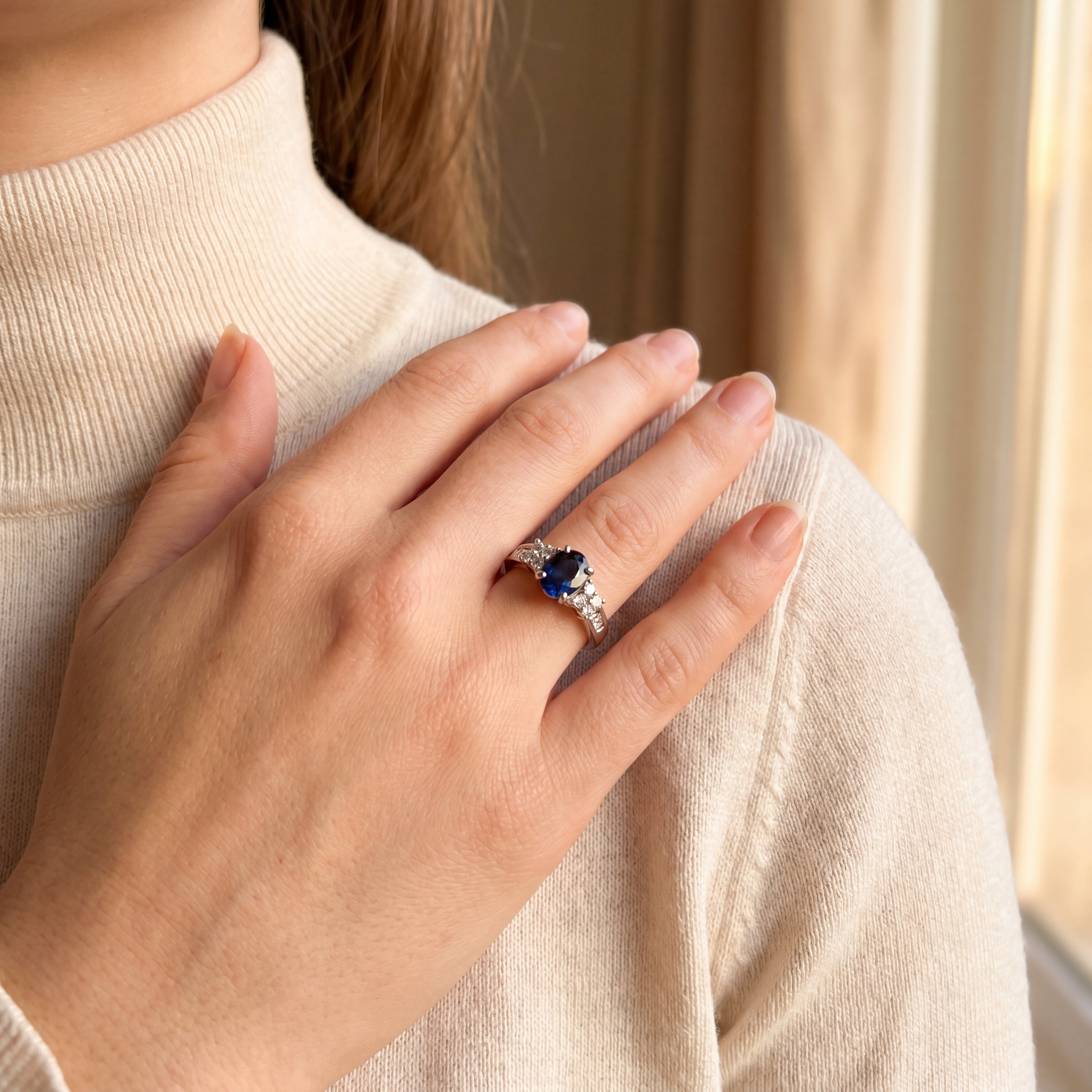 1.07ct Oval Cut Sapphire & 0.36ct Natural Diamond Multi Stone Ring in Platinum