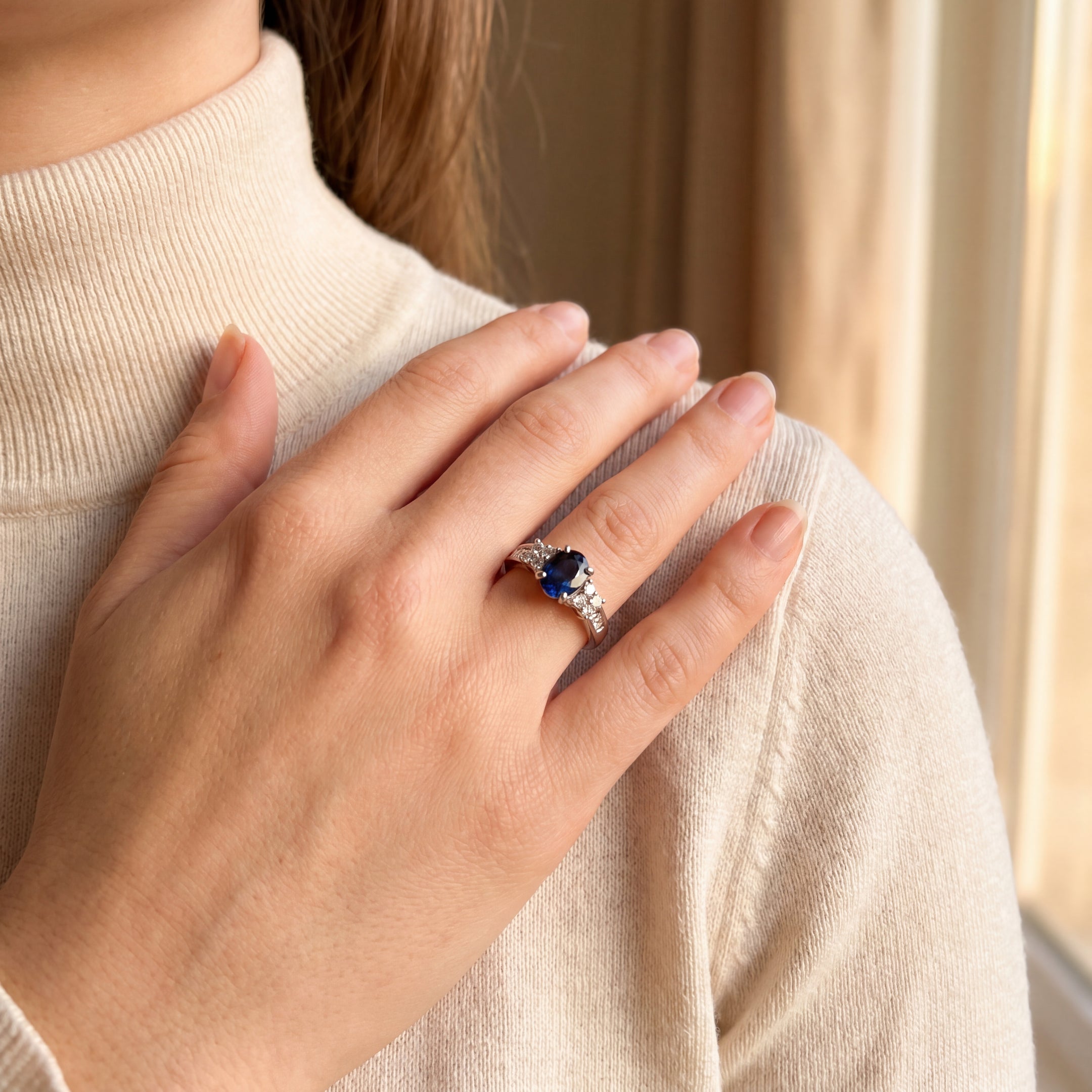 1.07ct Oval Cut Sapphire & 0.36ct Natural Diamond Multi Stone Ring in Platinum