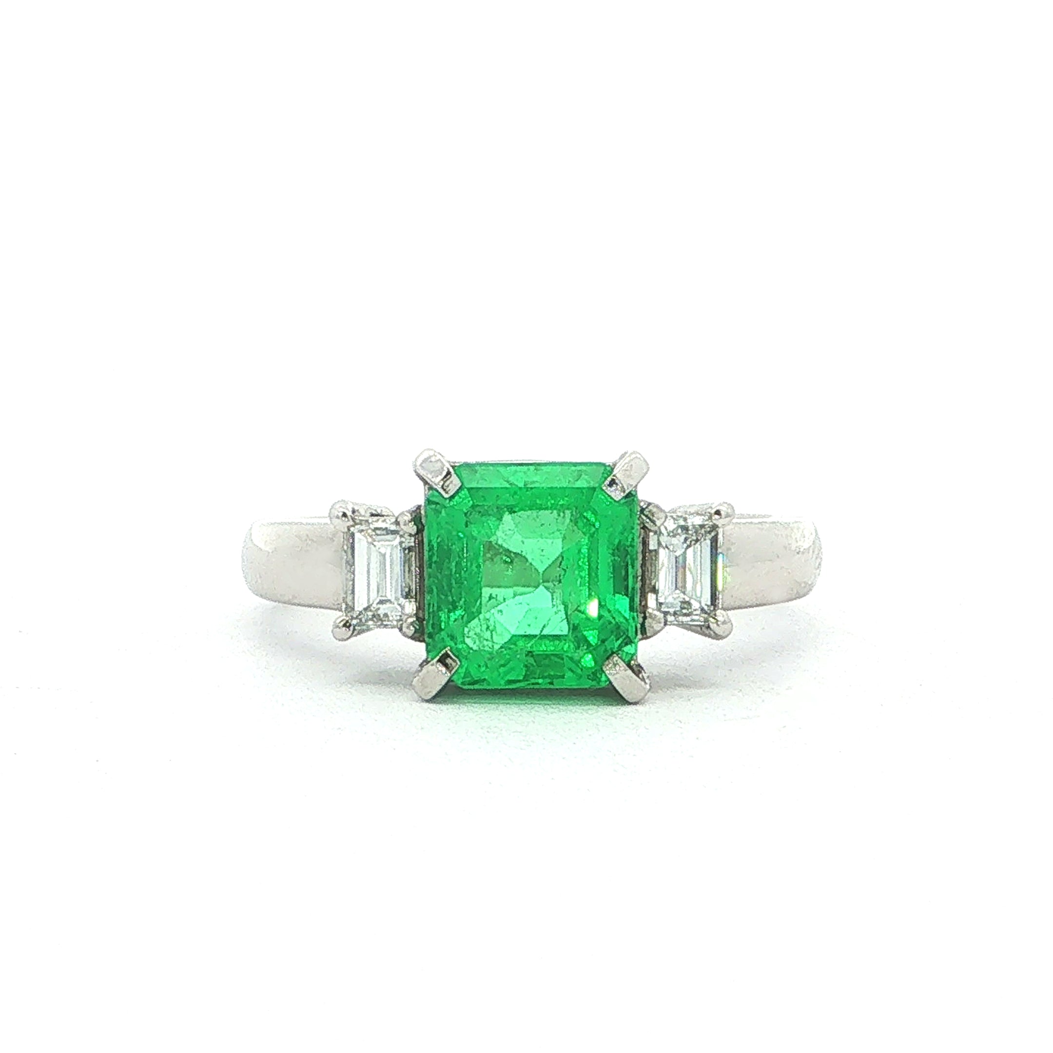 1.52ct Emerald & 0.30ct Natural Diamond Three-Stone Ring with Baguette Accents in Platinum