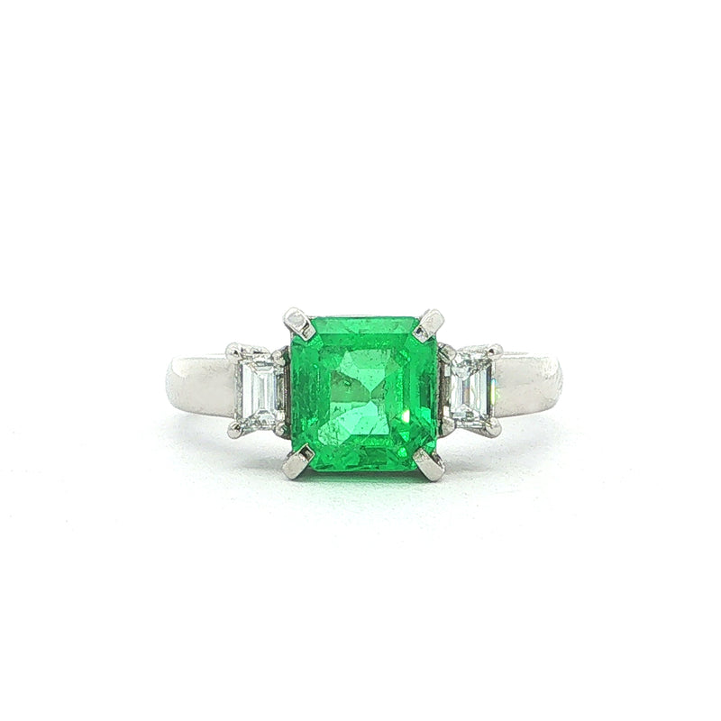 1.52ct Emerald & 0.30ct Natural Diamond Three-Stone Ring with Baguette Accents in Platinum