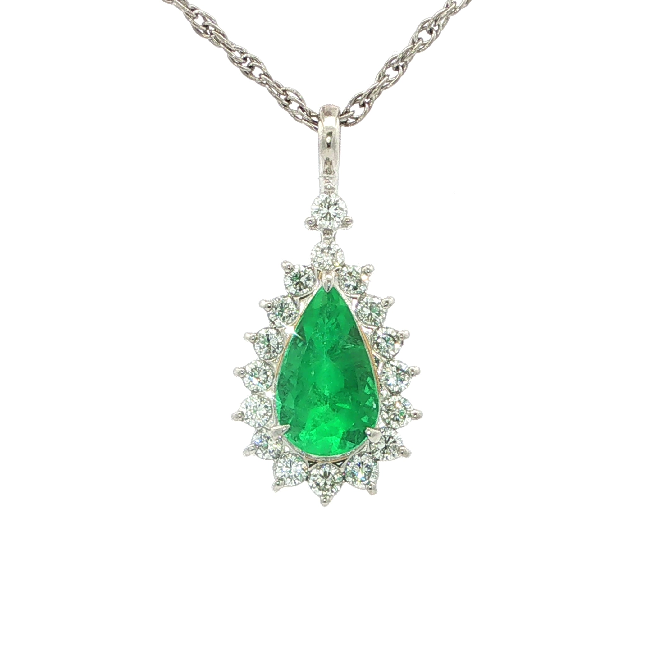 1.39ct Natural Emerald & 0.59ct Diamond Platinum Pear Shape Cluster Pendant