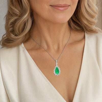 1.39ct Natural Emerald & 0.59ct Diamond Platinum Pear Shape Cluster Pendant