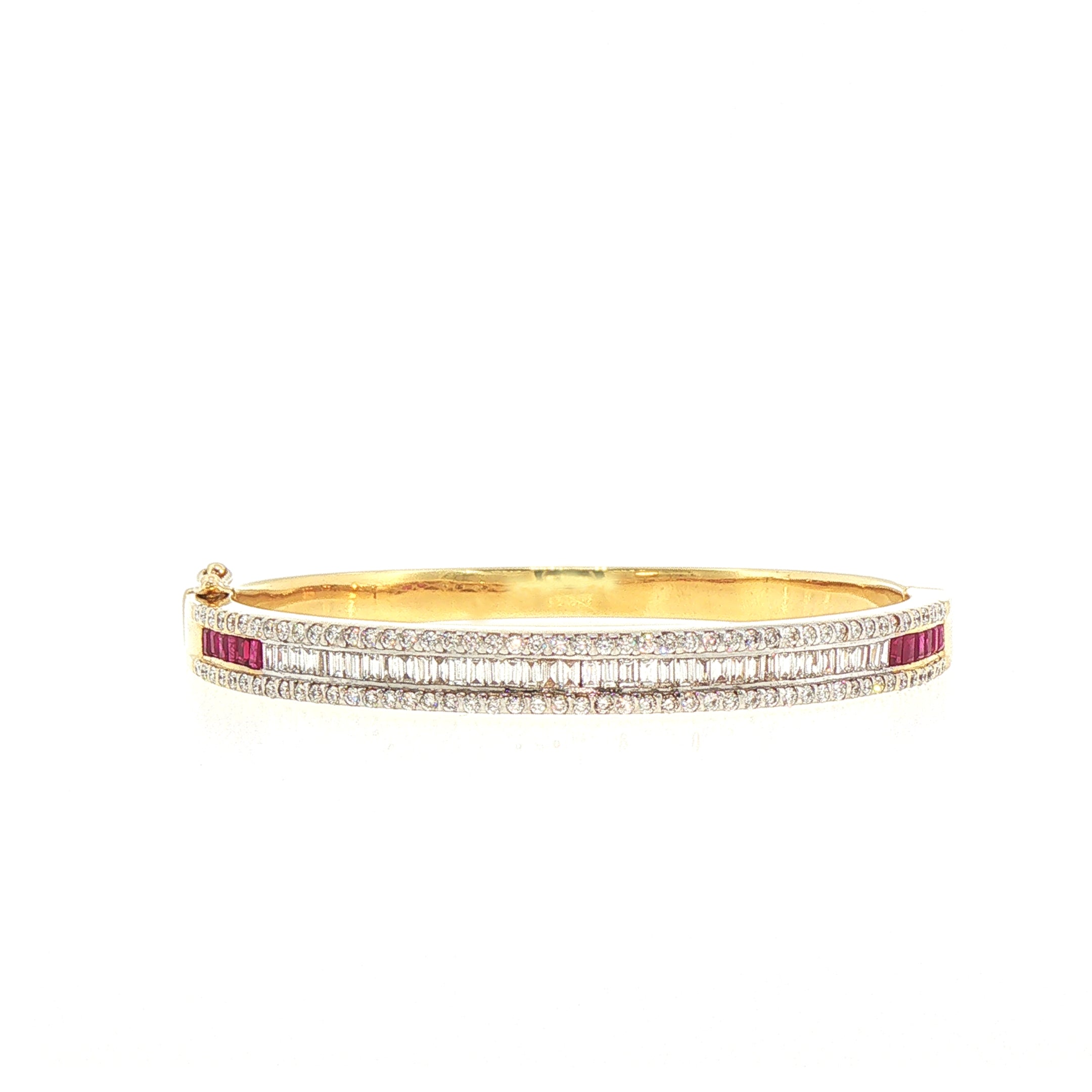 Vintage Baguette cut Ruby & Natural Diamond 18ct Yellow Gold Bangle