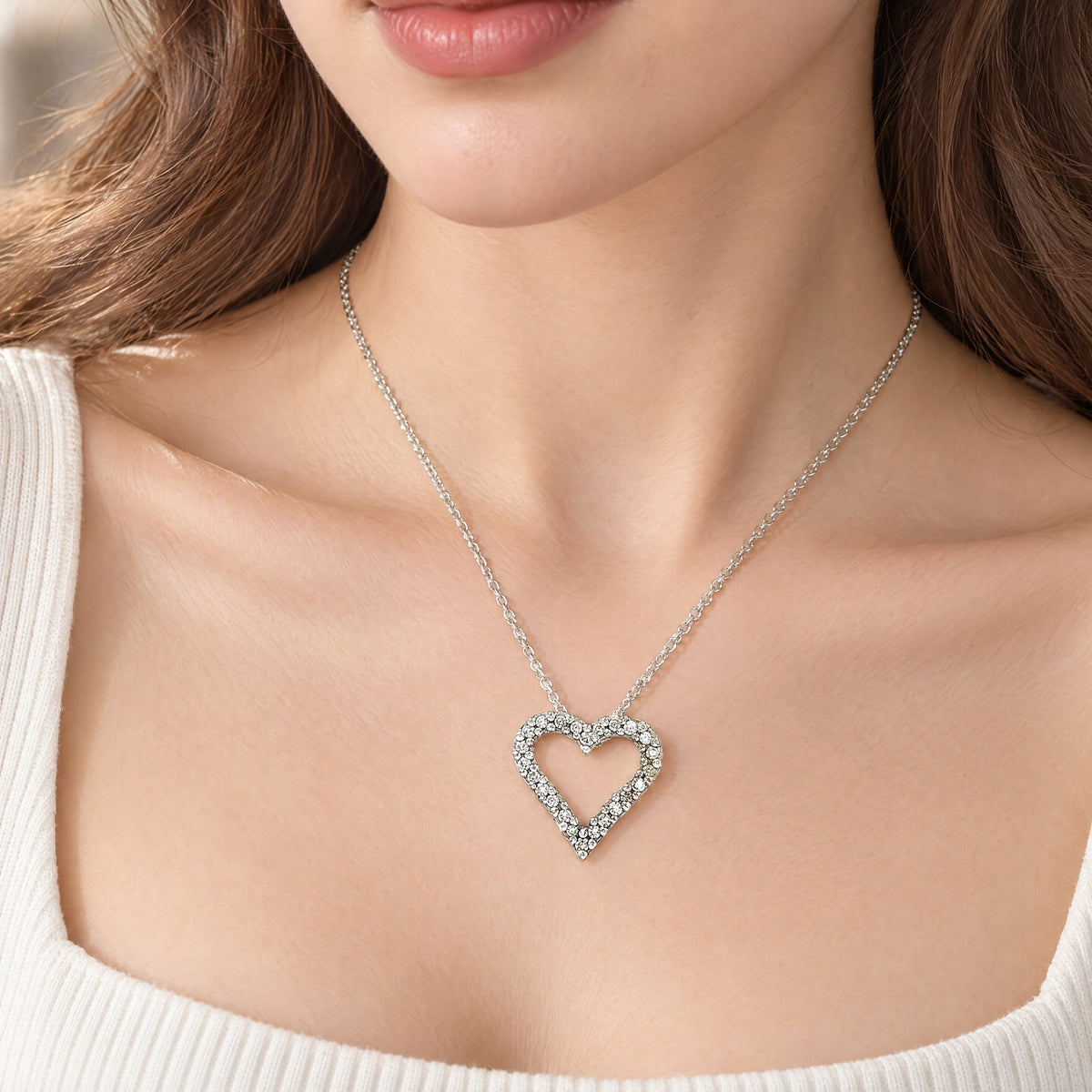 Natural Diamond Open Heart Charm Necklace in 18ct White Gold