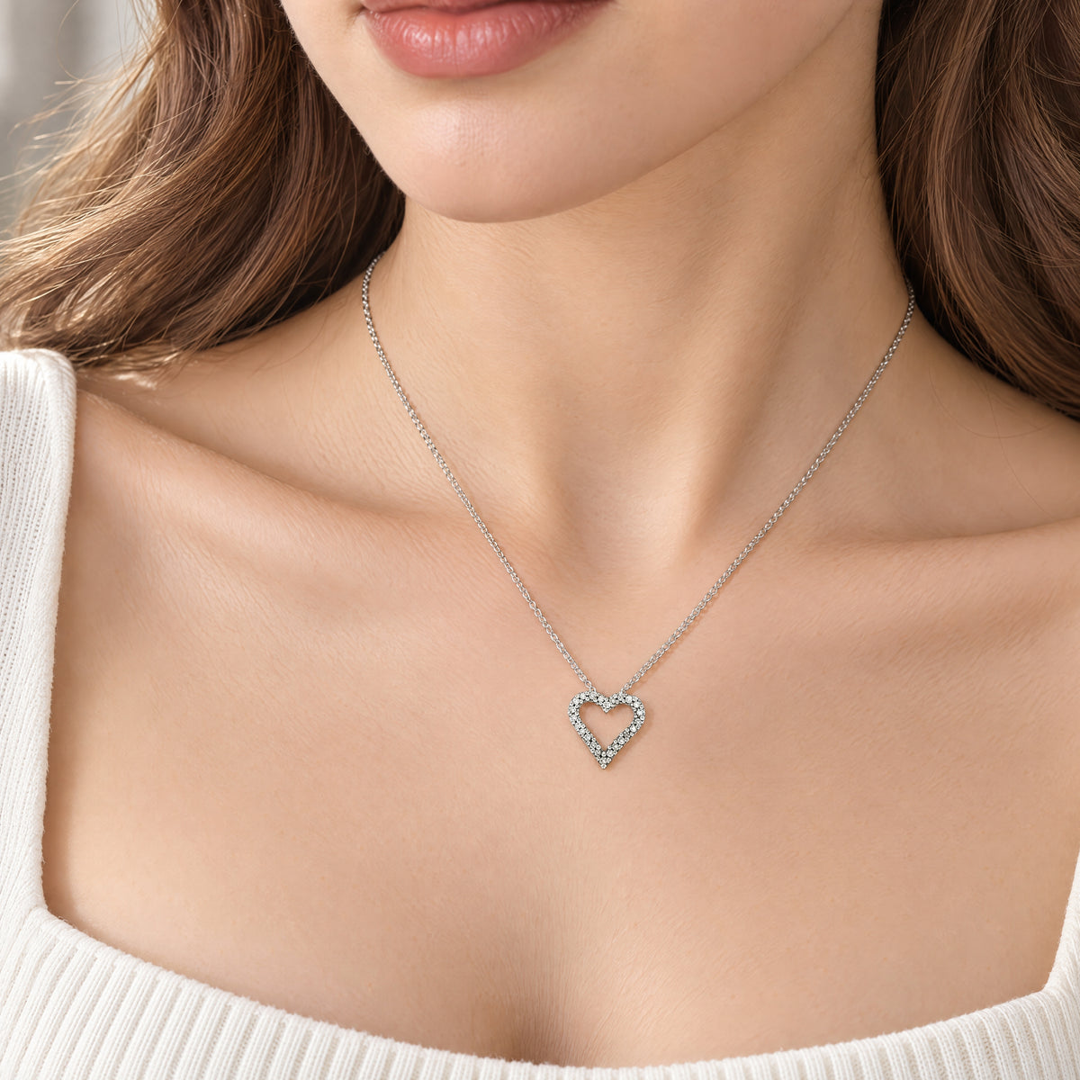 Natural Diamond Open Heart Charm Necklace in 18ct White Gold
