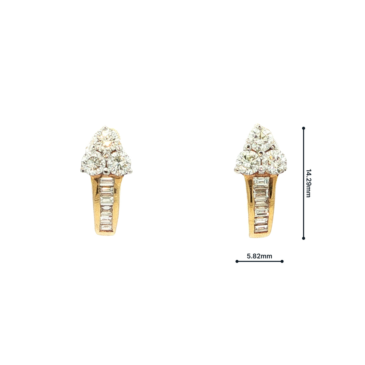 Three Stone Round Cut Natural Diamond & Baguette Hoop Earrings in 18ct Yellow Gold