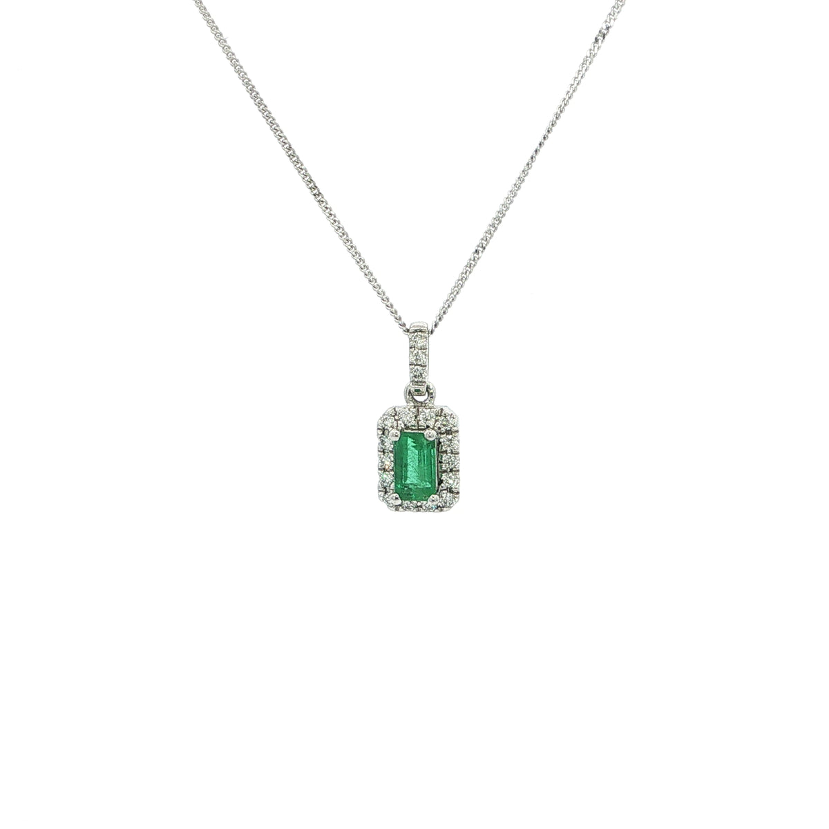 18ct White Gold Emerald and Natural Diamond Halo Pendant
