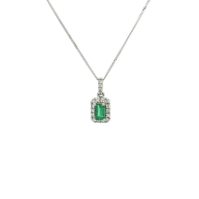 18ct White Gold Emerald and Natural Diamond Halo Pendant