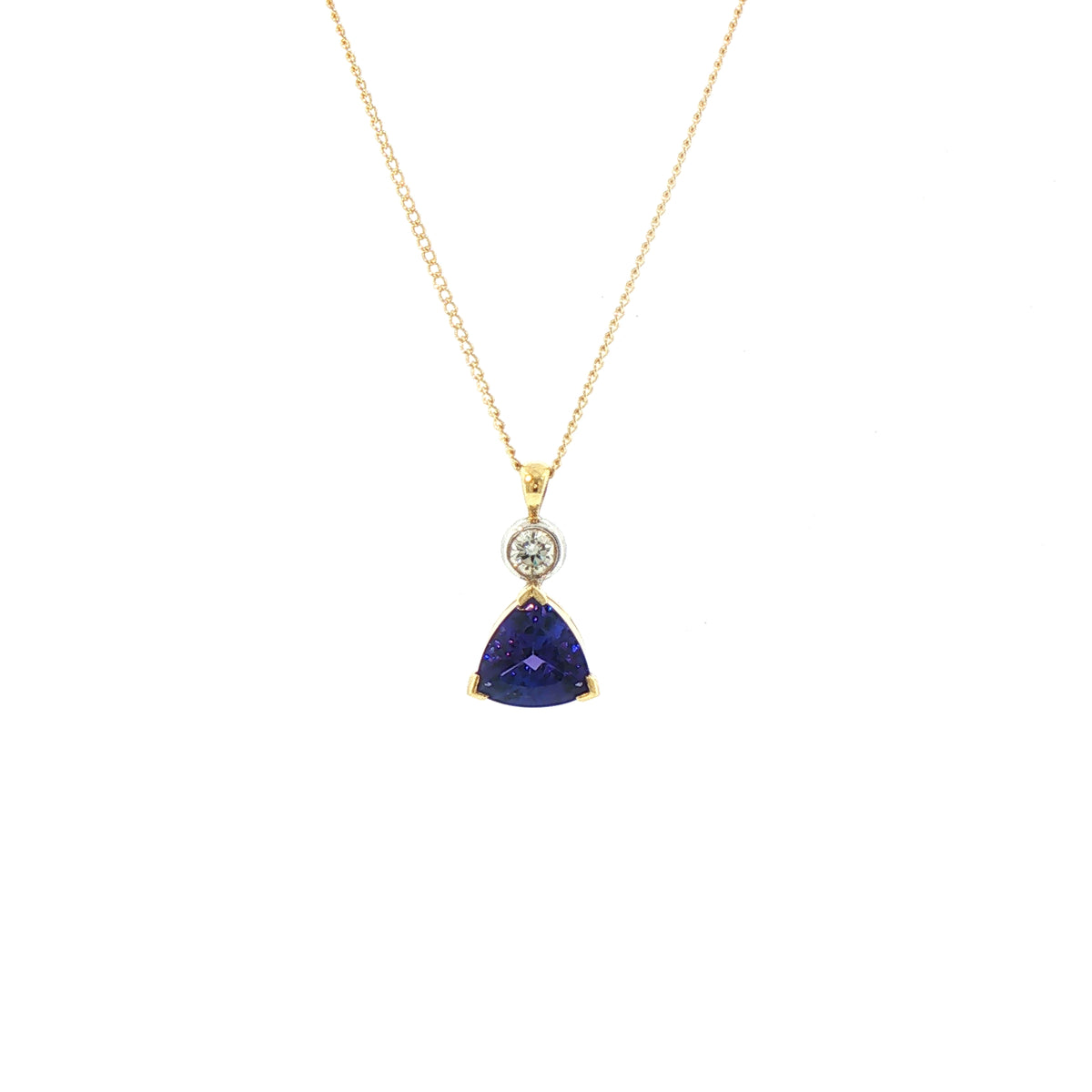 Vintage Tanzanite and Natural Diamond Pendant and Chain in 18ct Yellow Gold