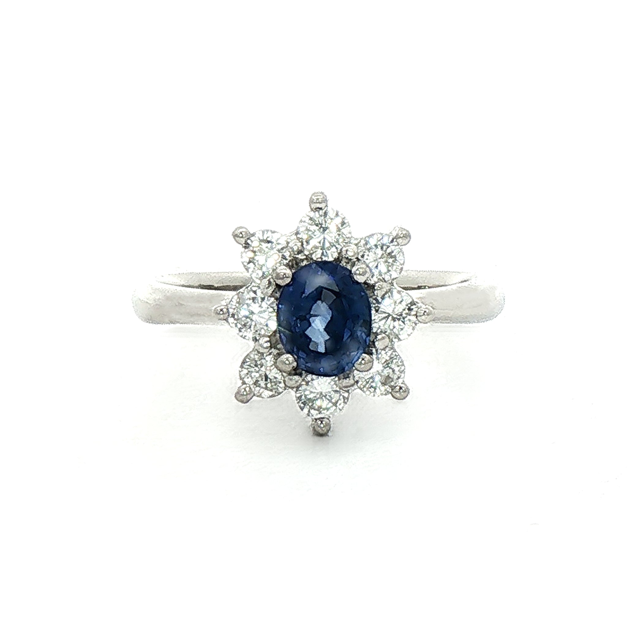 0.85ct Oval Sapphire & 0.56ct Natural Diamond Halo Cluster Ring in Platinum