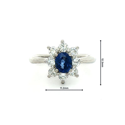 0.85ct Oval Sapphire & 0.56ct Natural Diamond Halo Cluster Ring in Platinum