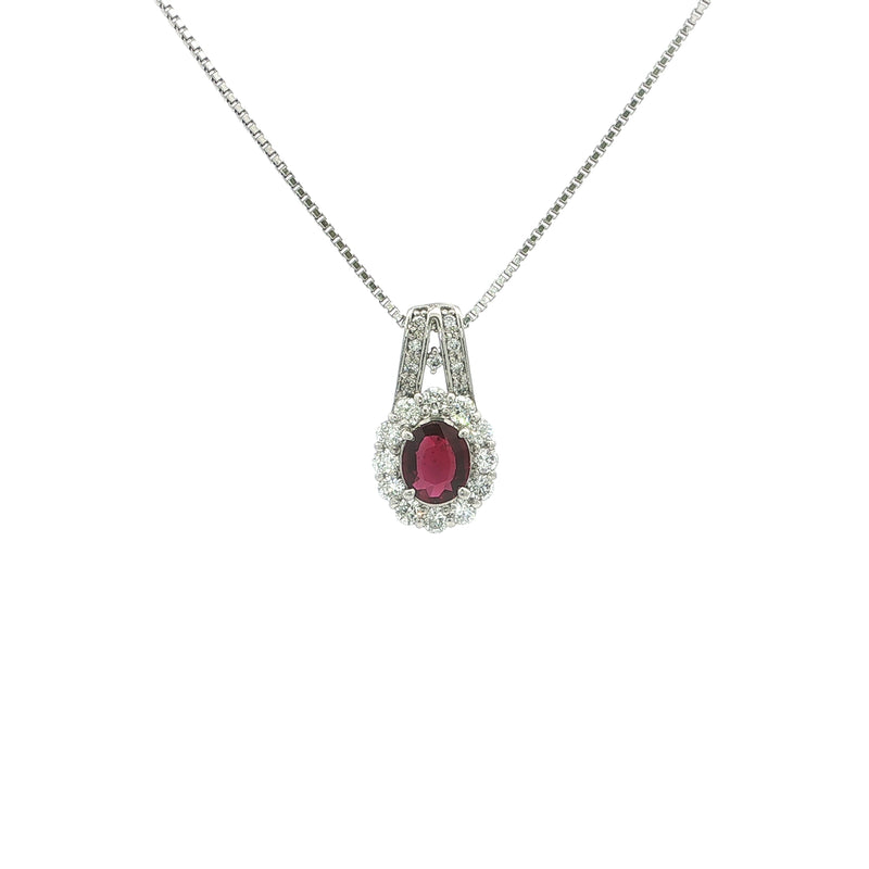 Vintage Oval Ruby And Natural Diamond Cluster Pendant Set In Platinum