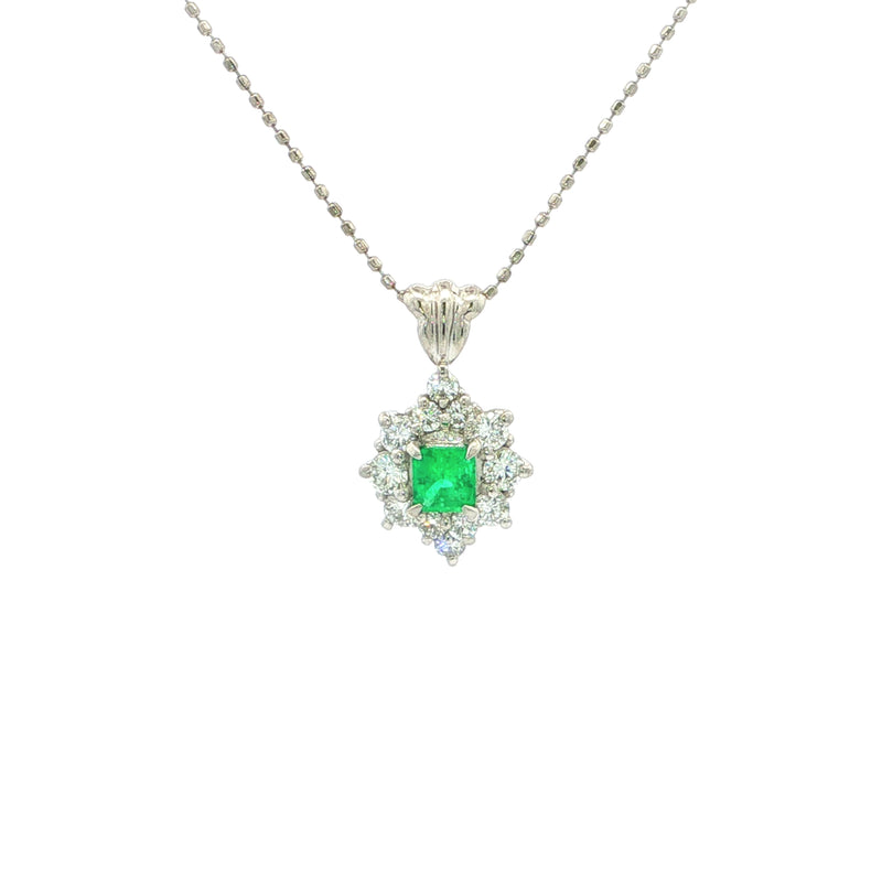Vintage Emerald And Natural Diamond Cluster Pendant Set In Platinum