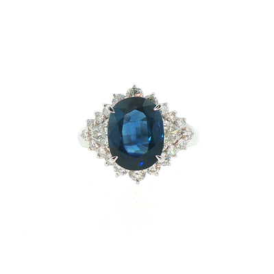 Vintage Sapphire and Natural Diamond Oval Fancy Cluster Ring in Platinum