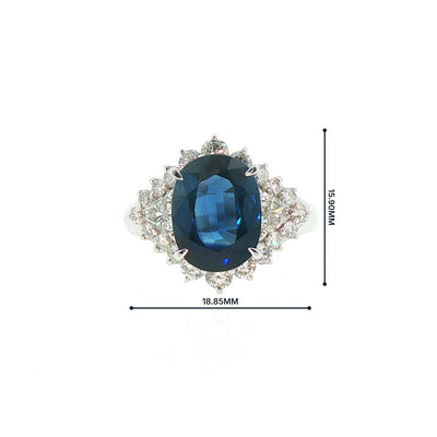 Vintage Sapphire and Natural Diamond Oval Fancy Cluster Ring in Platinum