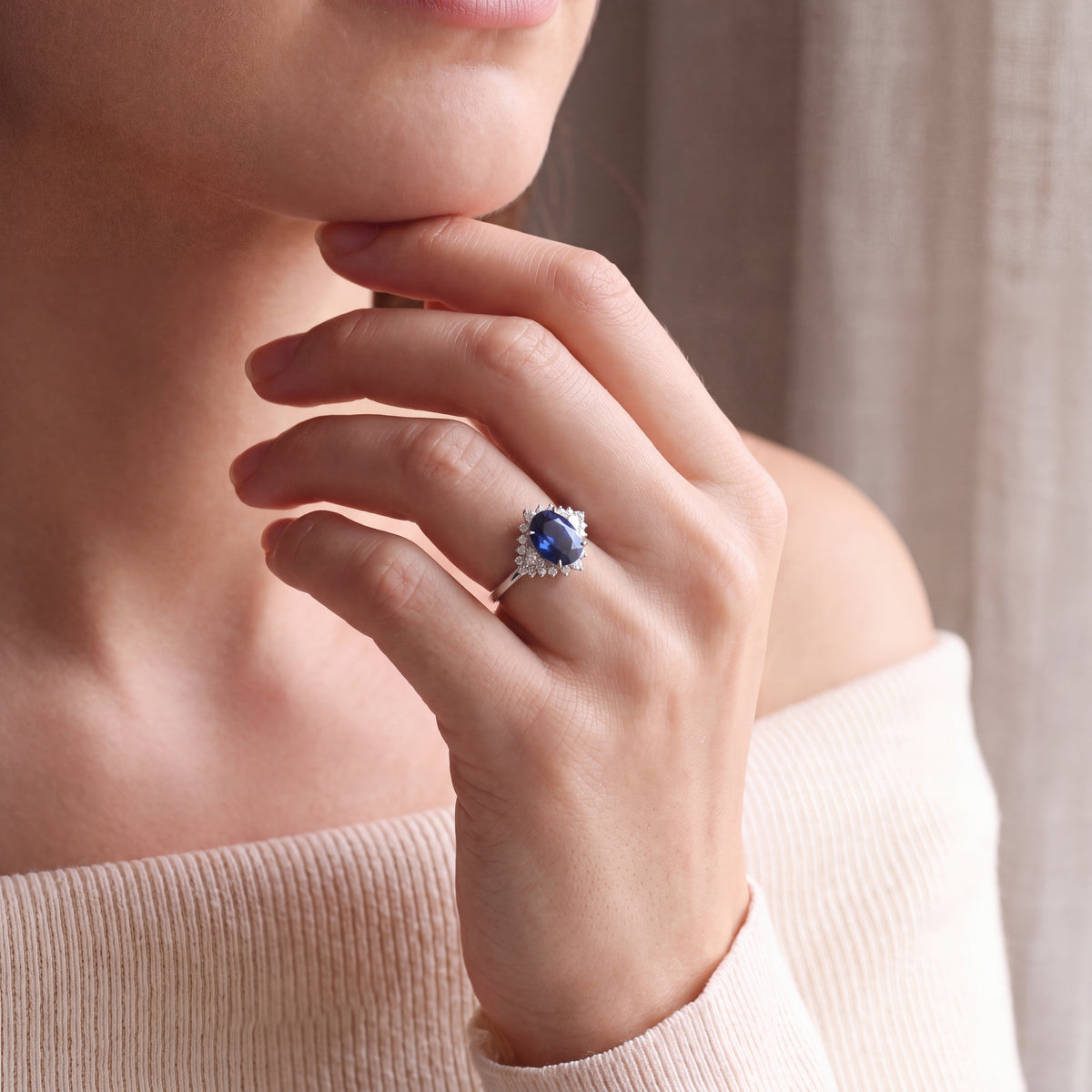 Vintage Sapphire and Natural Diamond Oval Fancy Cluster Ring in Platinum