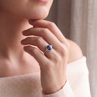 Vintage Sapphire and Natural Diamond Oval Fancy Cluster Ring in Platinum