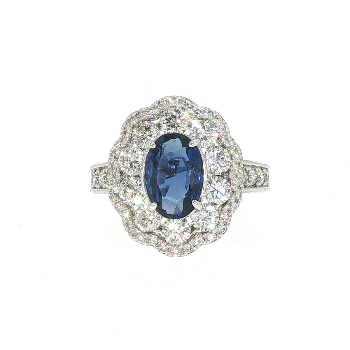 1.75ct Sapphire 1.56ct Diamond Double Halo Cluster Ring Set In Platinum
