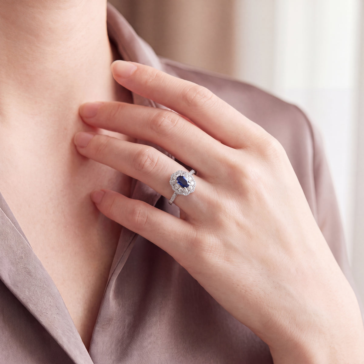 1.75ct Sapphire 1.56ct Diamond Double Halo Cluster Ring Set In Platinum