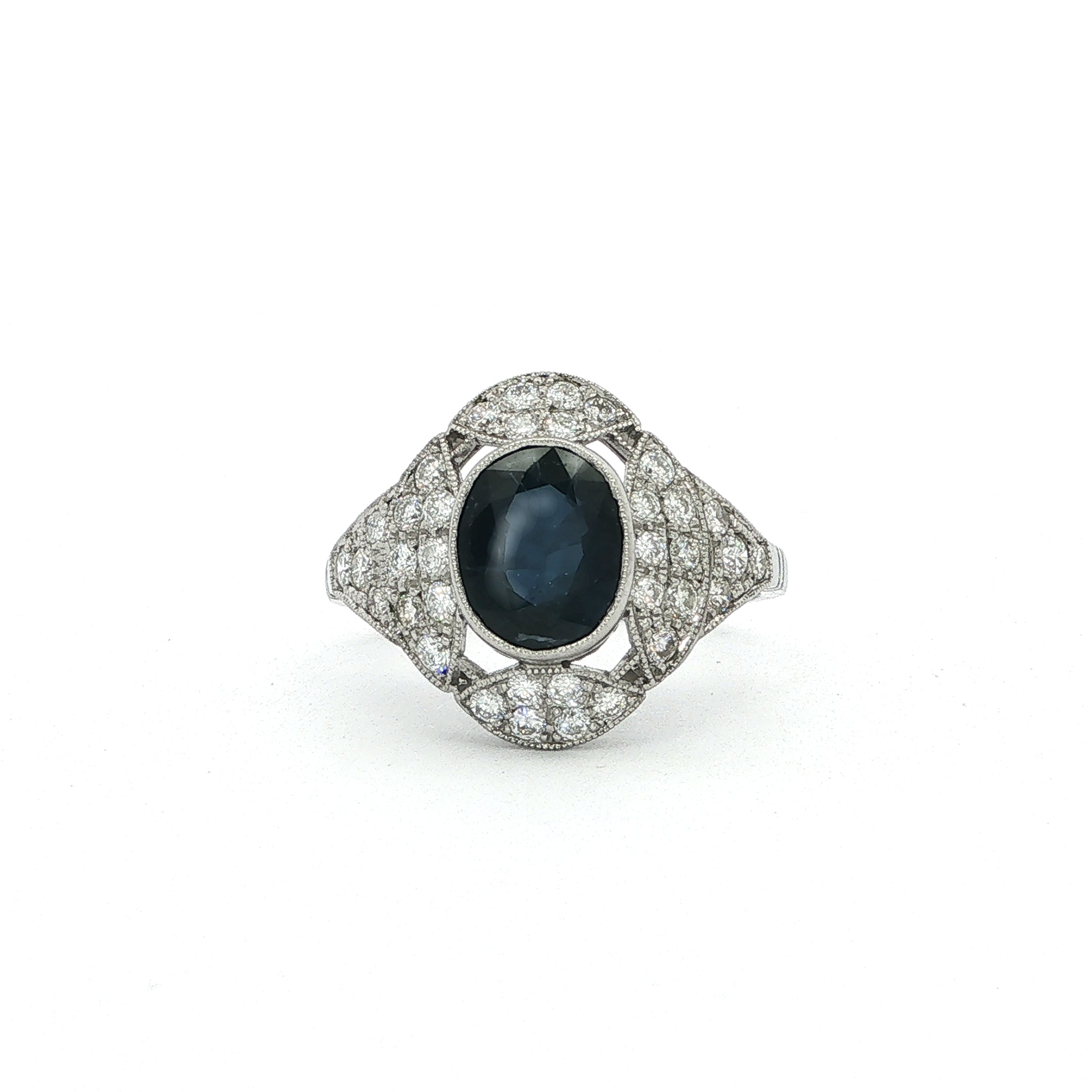 1.86ct Vintage Sapphire & Diamond Oval Art Deco Style Dress Ring in Platinum.
