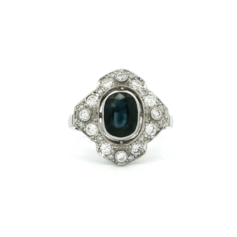 1.46ct Oval Sapphire & Natural Diamond Art Deco Style Dress Ring in 18ct White Gold