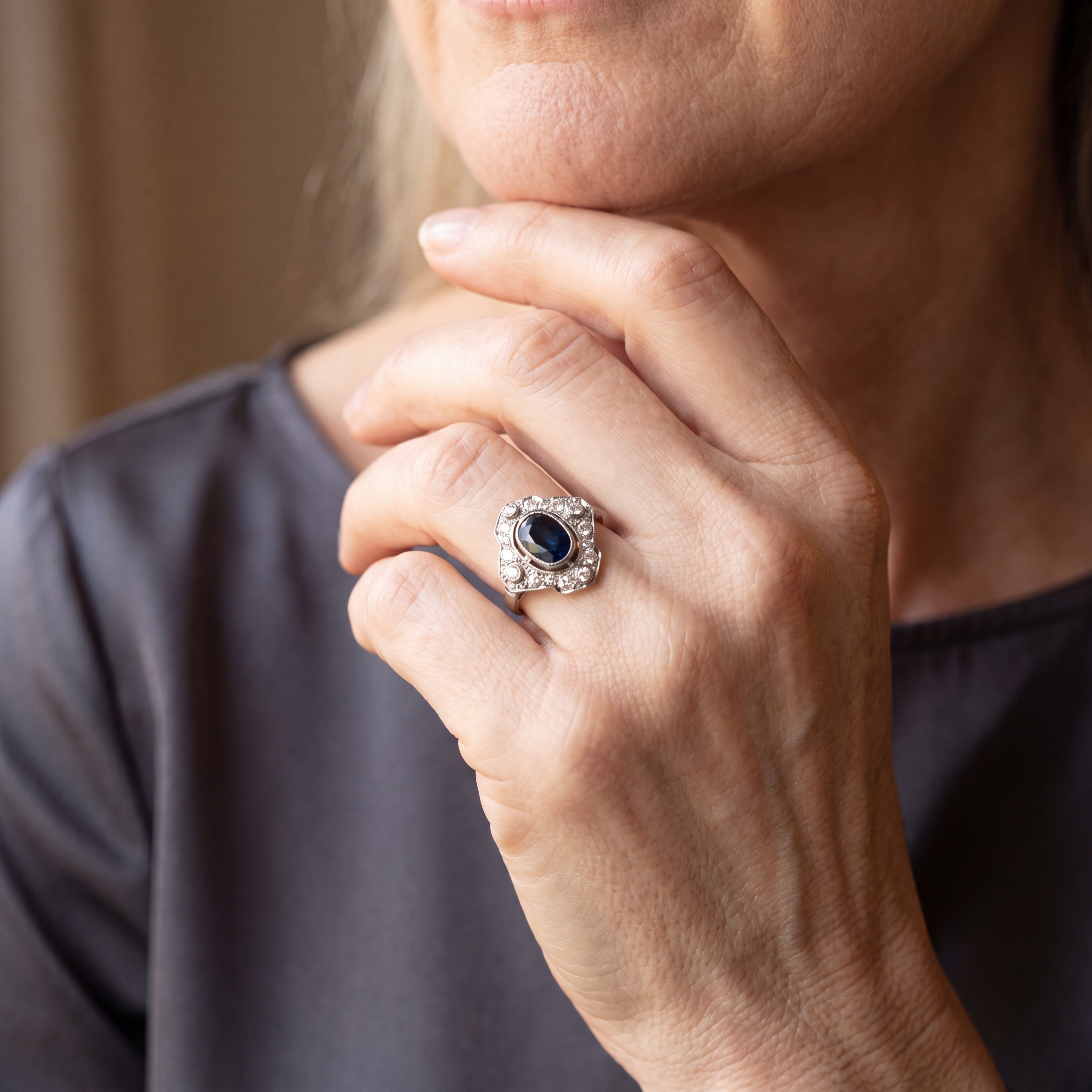 1.46ct Oval Sapphire & Natural Diamond Art Deco Style Dress Ring in 18ct White Gold