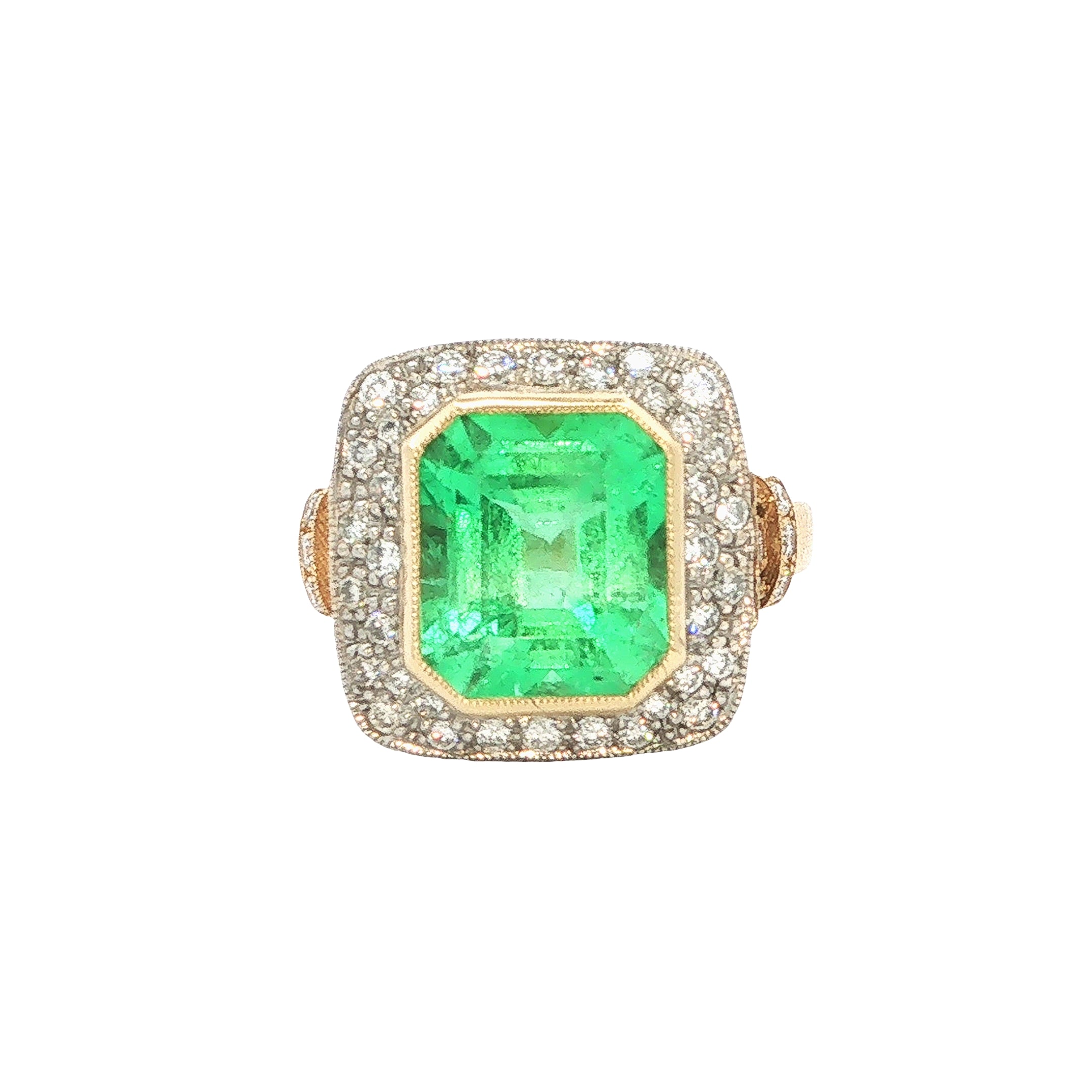 3.50ct Columbian Emerald & Natural Diamond Square Art Deco Style Dress Ring In 18ct Yellow Gold
