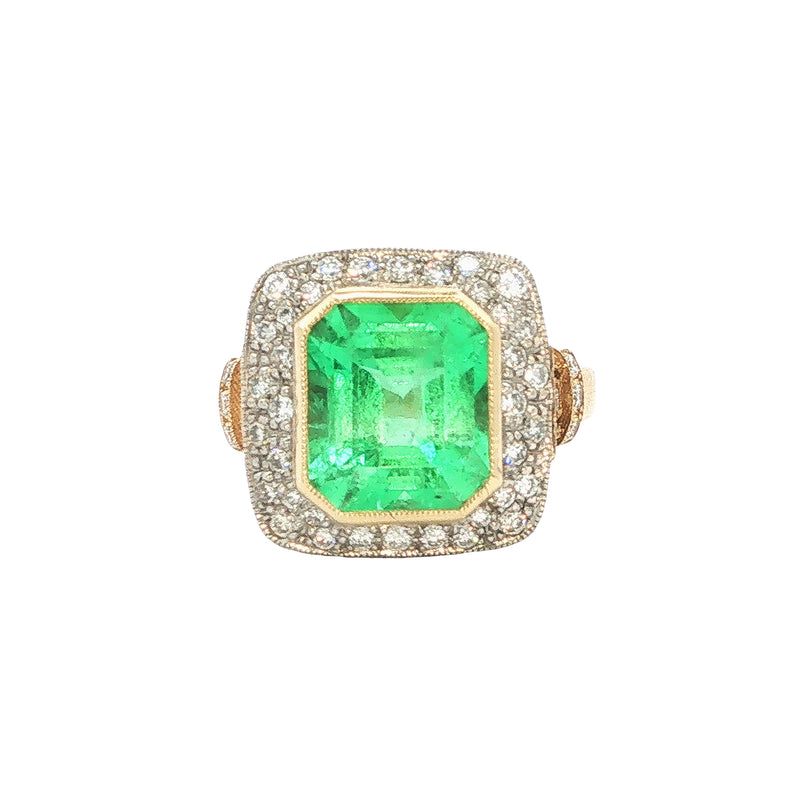 3.50ct Columbian Emerald & Natural Diamond Square Art Deco Style Dress Ring In 18ct Yellow Gold