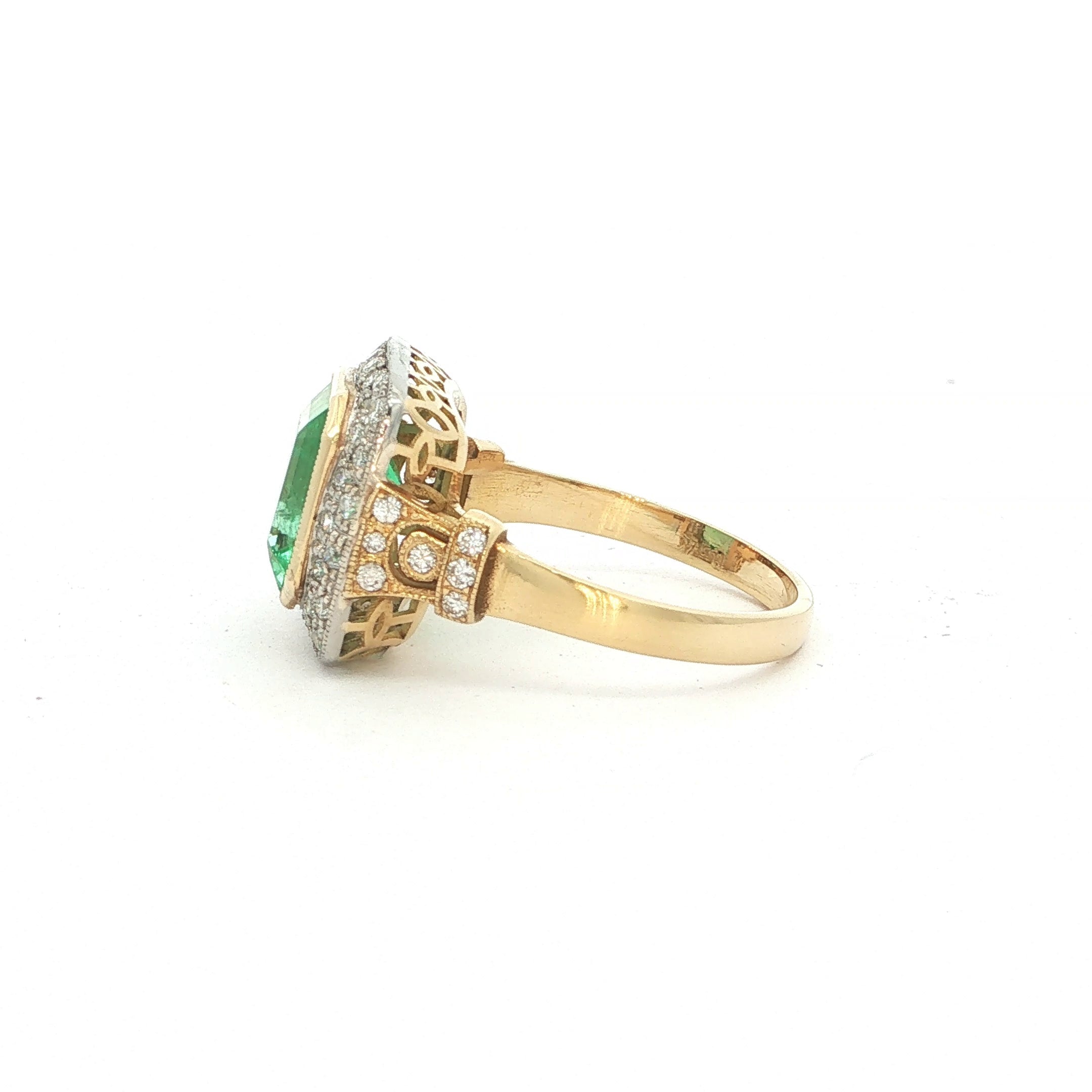 3.50ct Columbian Emerald & Natural Diamond Square Art Deco Style Dress Ring In 18ct Yellow Gold
