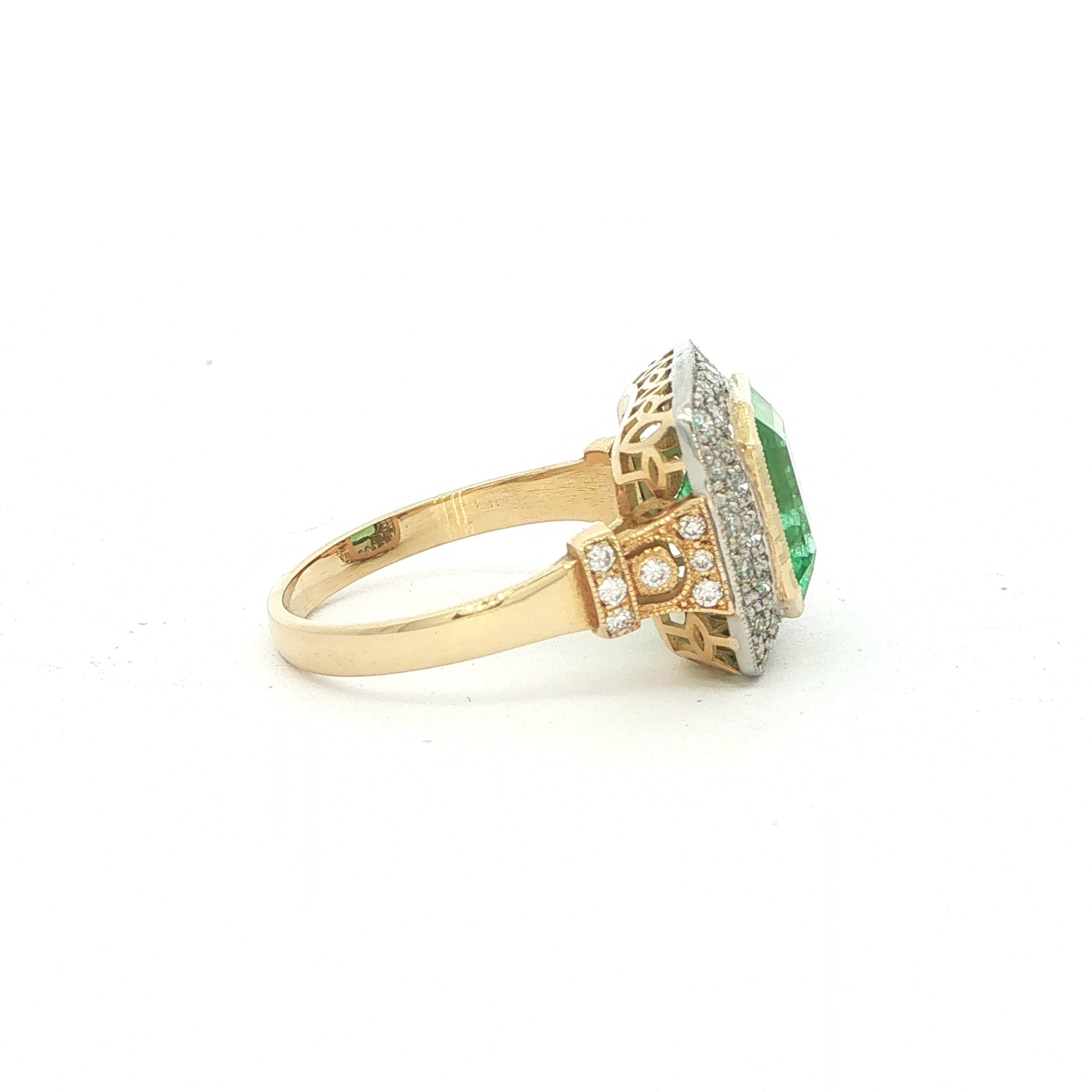 3.50ct Columbian Emerald & Natural Diamond Square Art Deco Style Dress Ring In 18ct Yellow Gold