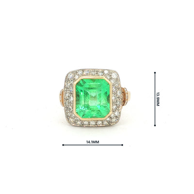 3.50ct Columbian Emerald & Natural Diamond Square Art Deco Style Dress Ring In 18ct Yellow Gold