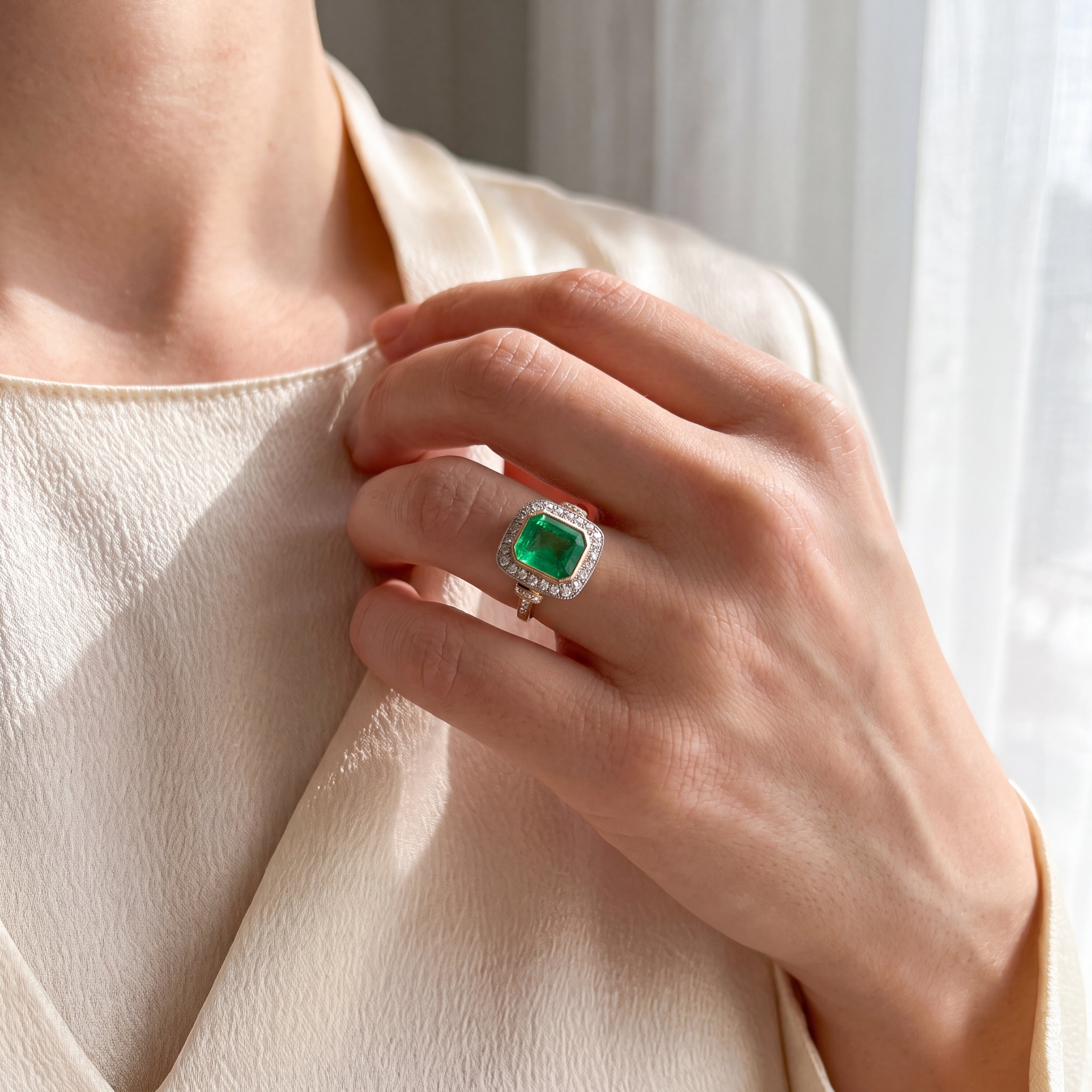3.50ct Columbian Emerald & Natural Diamond Square Art Deco Style Dress Ring In 18ct Yellow Gold