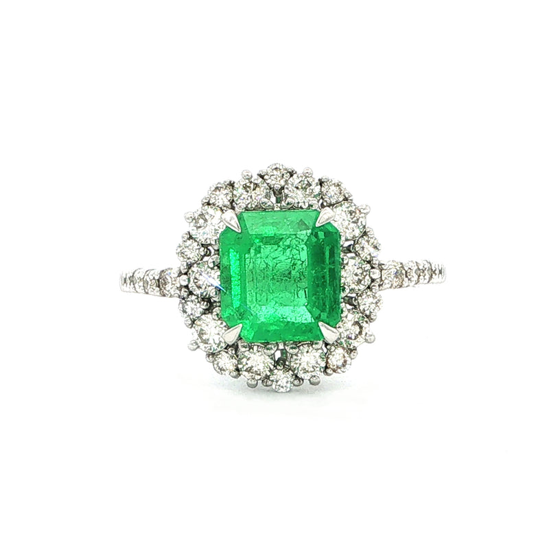 1.60ct Vintage Emerald and Natural Diamond Halo 18ct White Gold Cocktail Ring