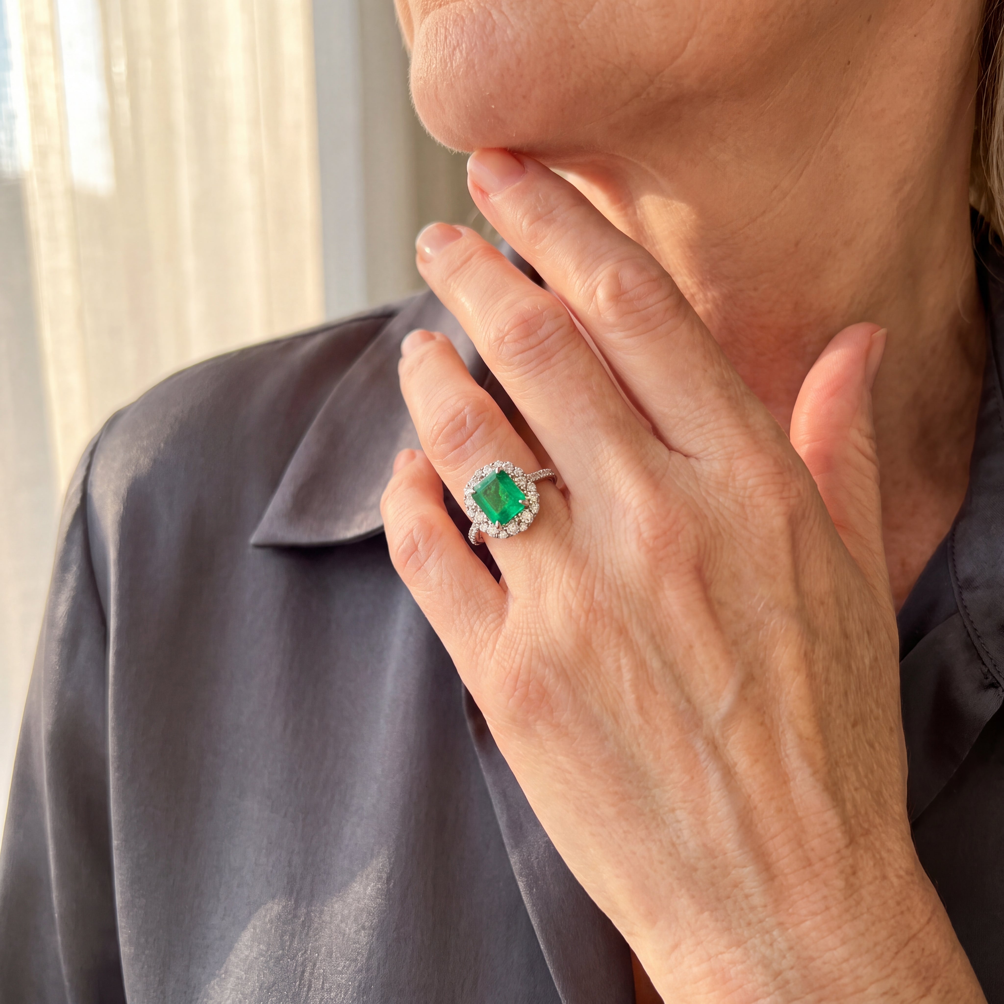 1.60ct Emerald and Natural Diamond Halo 18ct White Gold Cocktail Ring